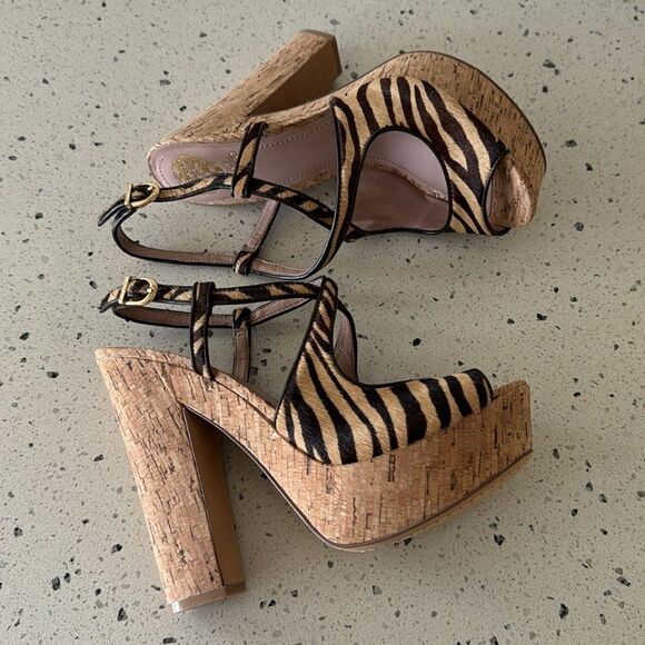 Vince Camuto VC-Deville Tan/Brown Leather Zebra Print Cork Platform Sandals Sz 9 - Picture 9 of 12